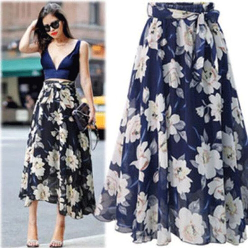 (blue, 2XL) Womens Plain Knee Length Soft Stretch Flared Printed Skater Midi Skirt