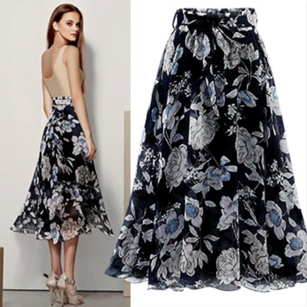(black, L) Womens Plain Knee Length Soft Stretch Flared Printed Skater Midi Skirt