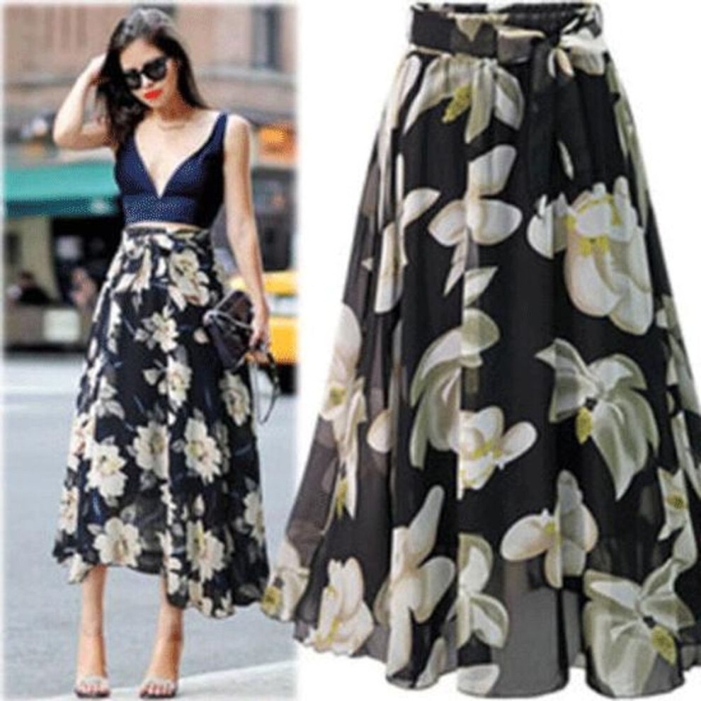(black white, 3XL) Womens Plain Knee Length Soft Stretch Flared Printed Skater Midi Skirt