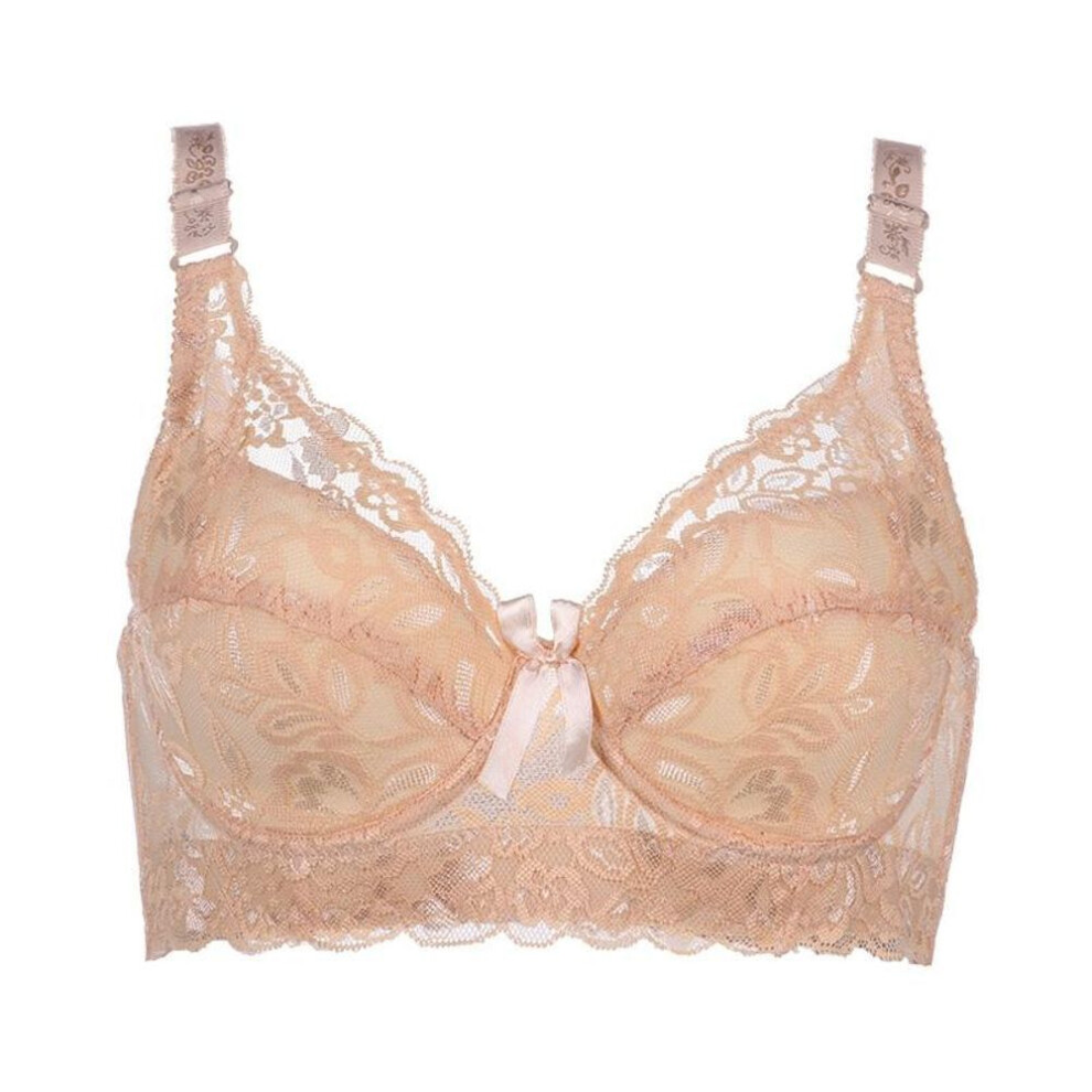 (beige, 38/85) Plus Size  Women's Underwear Fashion Steel Ring Large Size Bra Floral Lace Thin Bra Comfortable Solid Color Gathered Bra