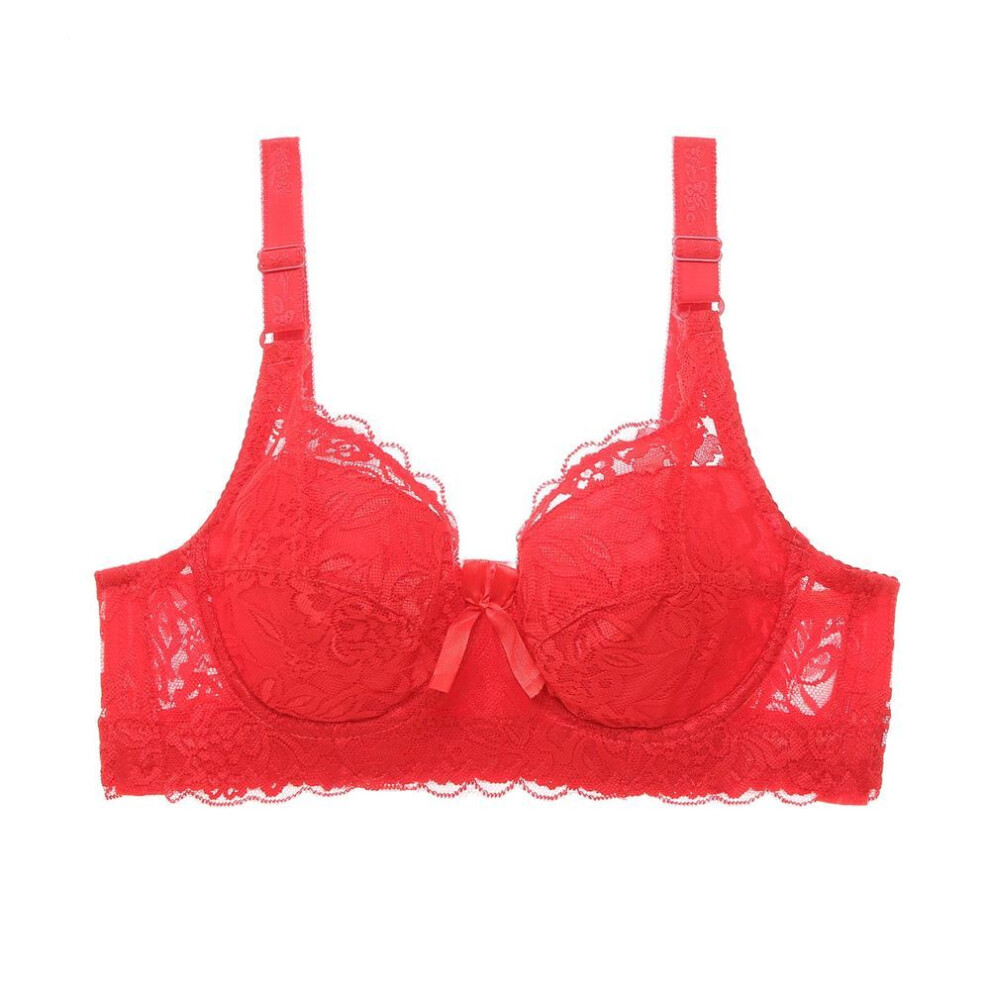 (red, 38/85) Plus Size  Women's Underwear Fashion Steel Ring Large Size Bra Floral Lace Thin Bra Comfortable Solid Color Gathered Bra