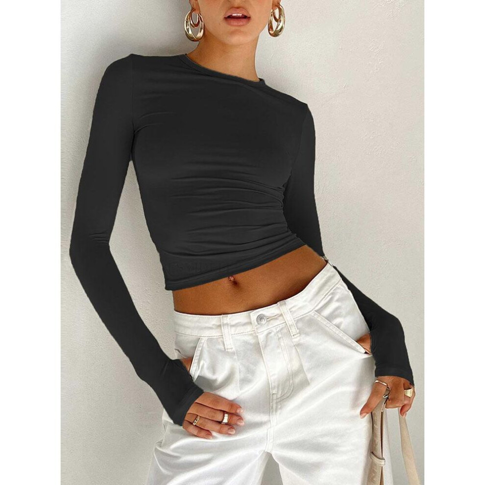 (black, M) European and American women's solid color base round neck T-shirts, hot girls, slim slim long-sleeved tops, T-shirts, autumn and winter T-shirts