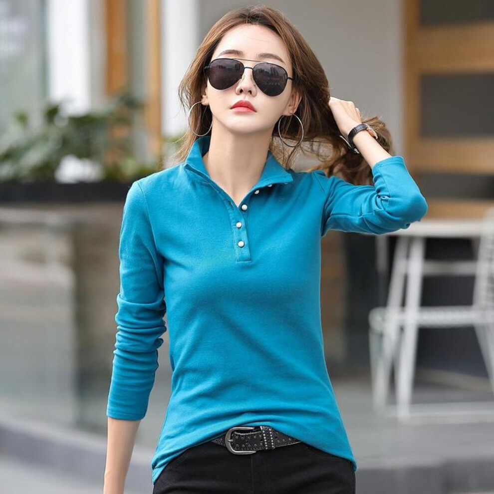 (blue, L) Cotton Turtleneck Tee Shirt Spring Femme Korean Long Sleeve T-shirt Button Women Casual Tops De Solid Camisetas Mujer