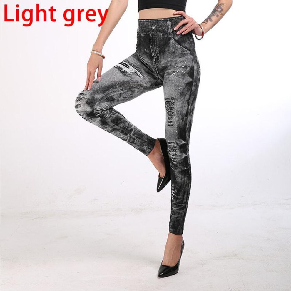 (light grey, L) Sexy Elastic Imitation Faux Jeans Leggings High Waist Pants Fitness Slim Leggins Sport Push Up Leggings For Women