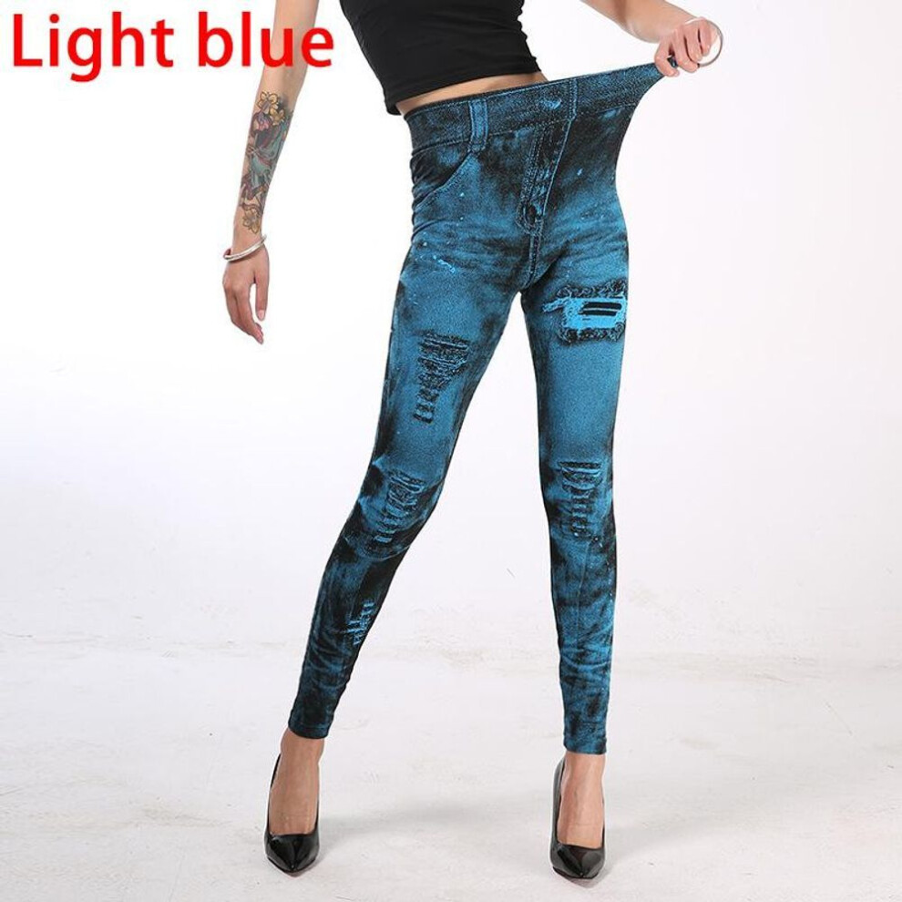 (light blue, 2XL) Sexy Elastic Imitation Faux Jeans Leggings High Waist Pants Fitness Slim Leggins Sport Push Up Leggings For Women