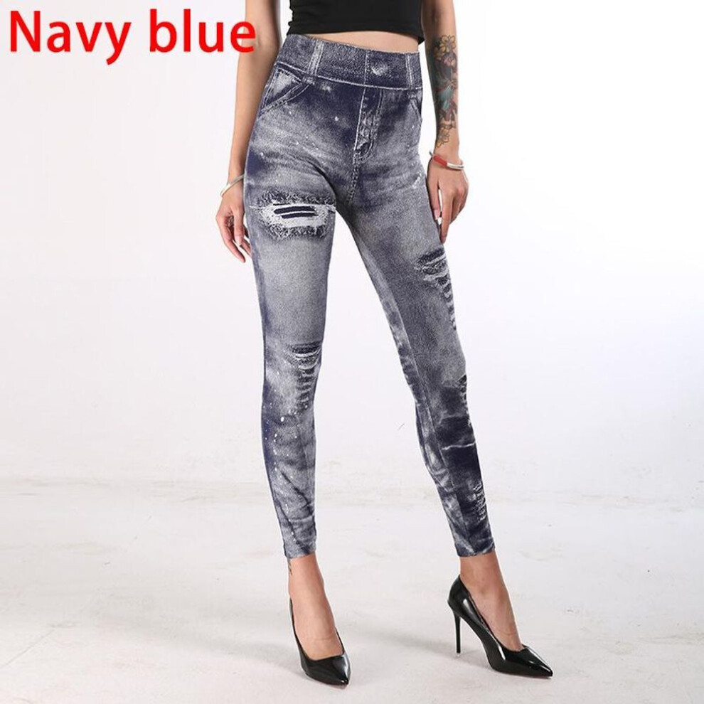 (navy blue, L) Sexy Elastic Imitation Faux Jeans Leggings High Waist Pants Fitness Slim Leggins Sport Push Up Leggings For Women