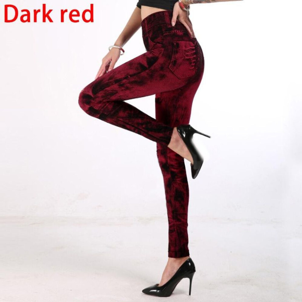 (dark red, 3XL) Sexy Elastic Imitation Faux Jeans Leggings High Waist Pants Fitness Slim Leggins Sport Push Up Leggings For Women