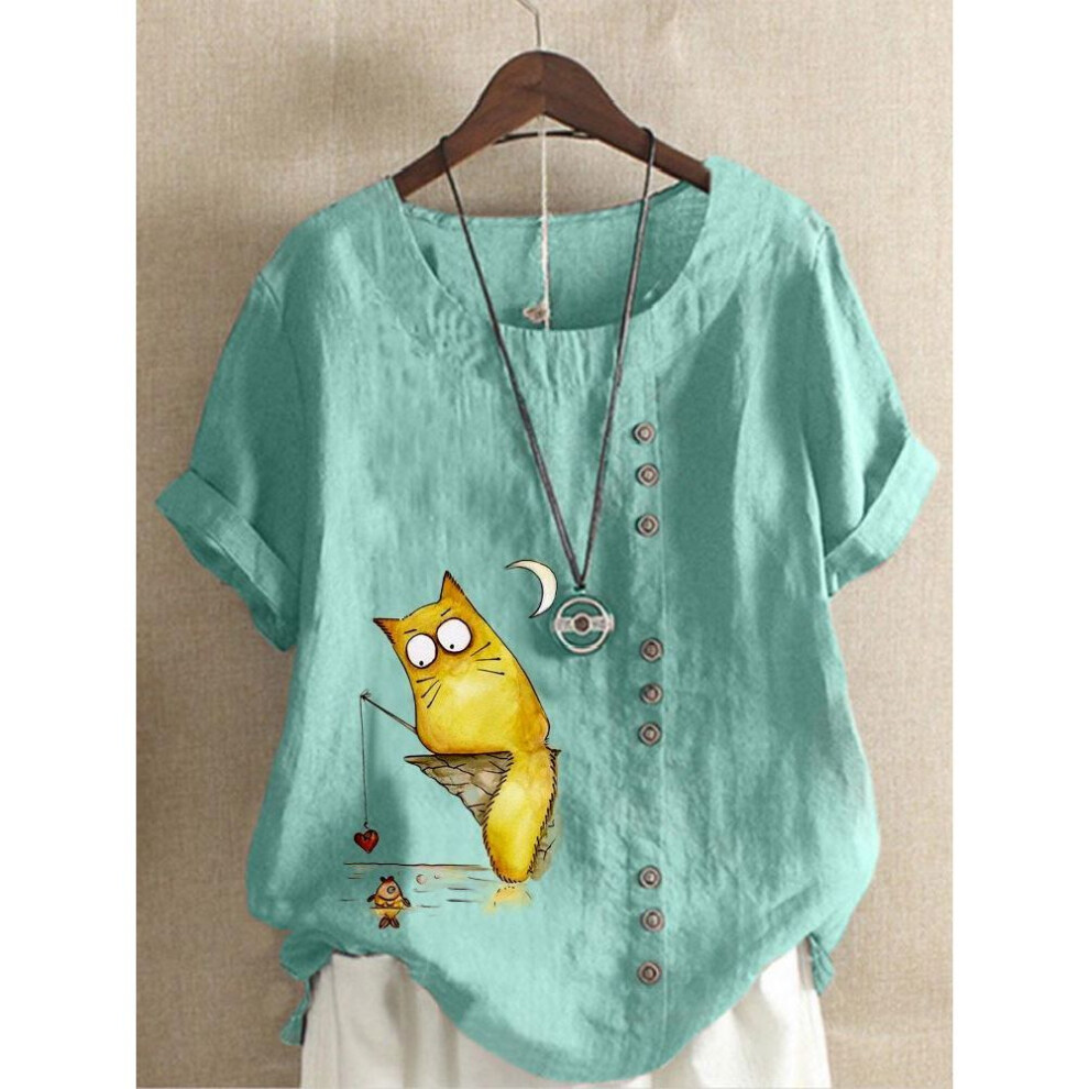 (2XL, lake blue) Women&apos;s Linen Shirt Round Neck Short Sleeve Cartoon Cats Printed T-shirt Summer Ladies Casual Plus Size Blouse Tops