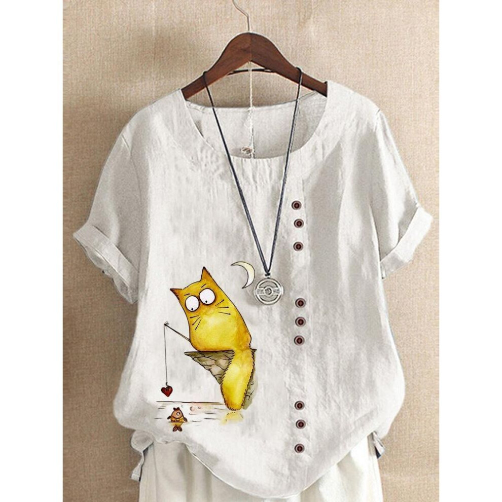 (5XL, white) Women's Linen Shirt Round Neck Short Sleeve Cartoon Cats Printed T-shirt Summer Ladies Casual Plus Size Blouse Tops