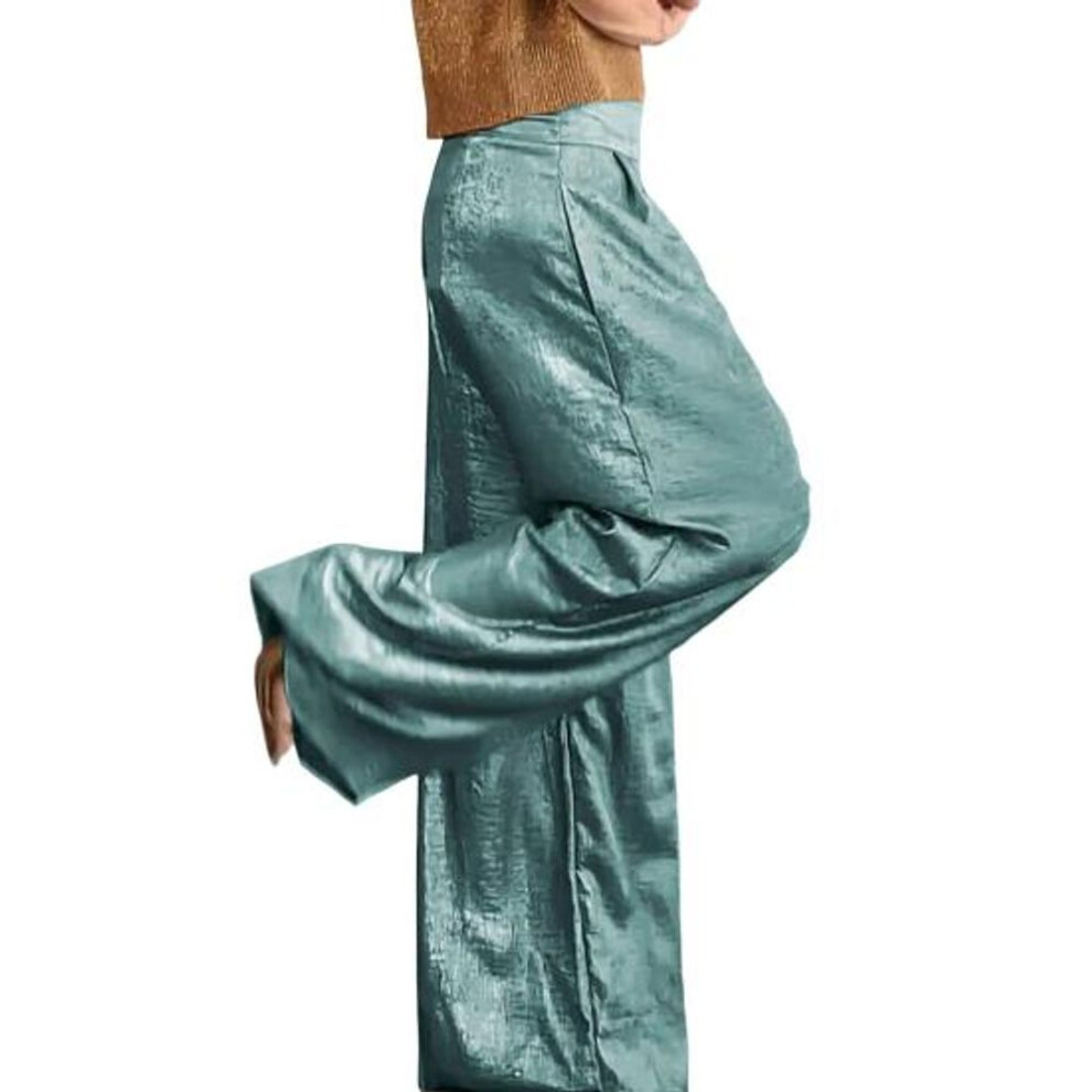 (light blue, S) Women Long Elastic High Waist Casual Trousers Metallic Color Wide-Leg Pants Office Party Work Leisure Pants