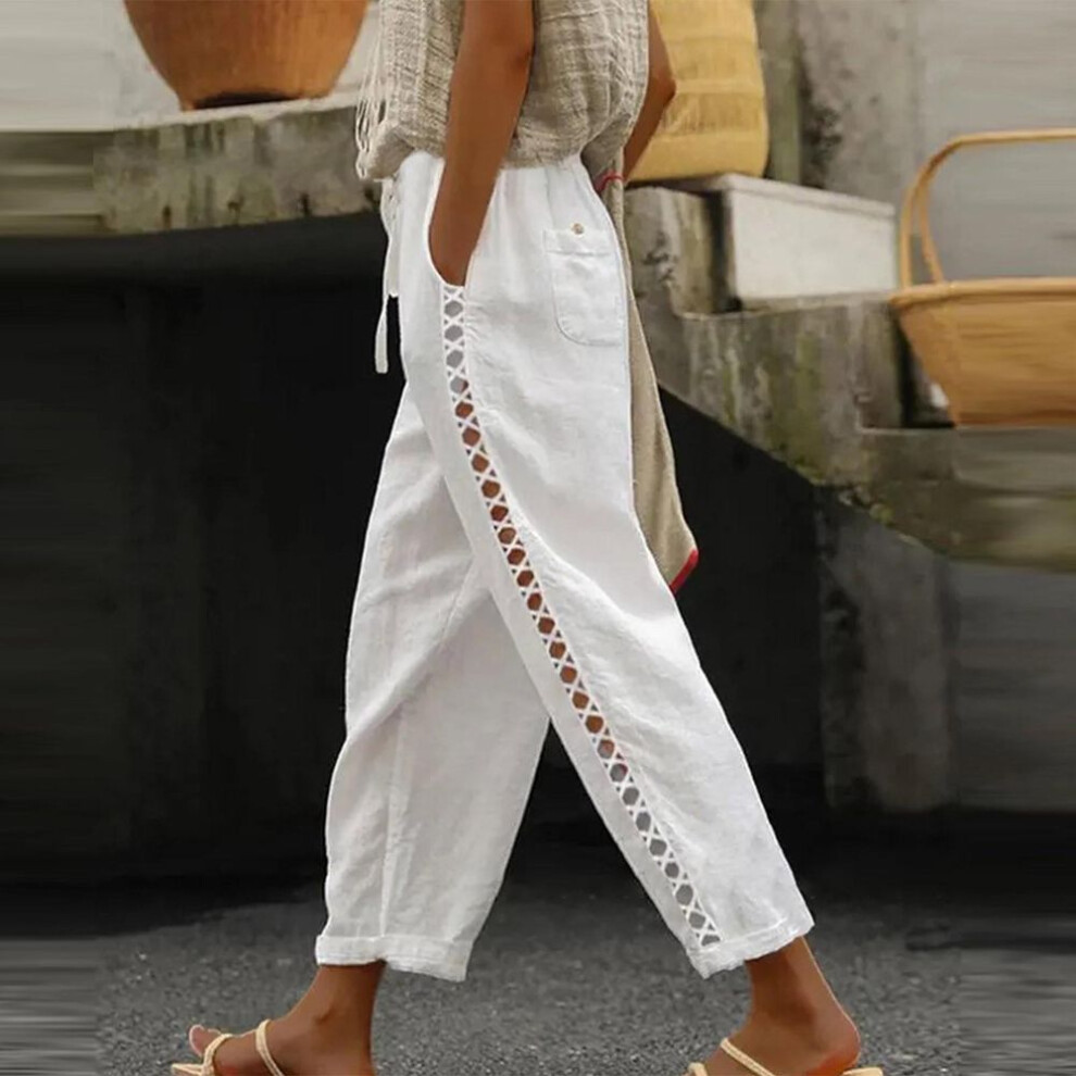 (white, S) (qunide) Women's Fashion Casual Cotton Hemp Thin Breathable Hollow Stitching String Solid Color Pants