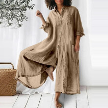 (khaki, S) (Qunide) Women's Fashion Loose Casual Solid Color 3/4 Sleeve V-Neck Button Temperament Jumpsuit