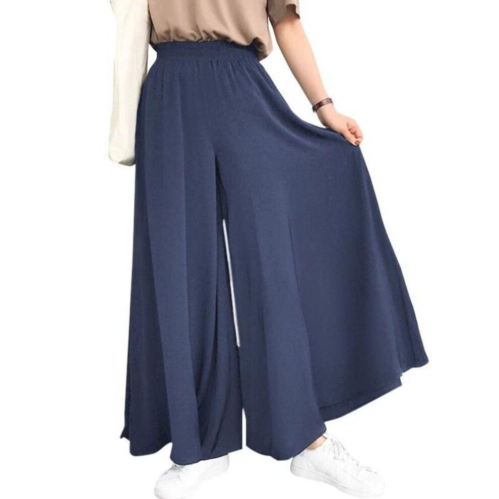 (blue, M) Spring Autumn Band Leg Pants Female Solid Wide Full Length Pants Female Ladies Trousers Plus Size