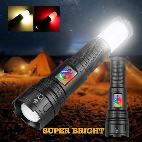 Super Bright Rechargeable Flashlight, 2in1 Flash Light Lantern High Lumens, Waterproof Red Camping Light(Black) 1