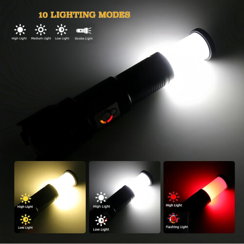 Super Bright Rechargeable Flashlight, 2in1 Flash Light Lantern High Lumens, Waterproof Red Camping Light(Black) 2
