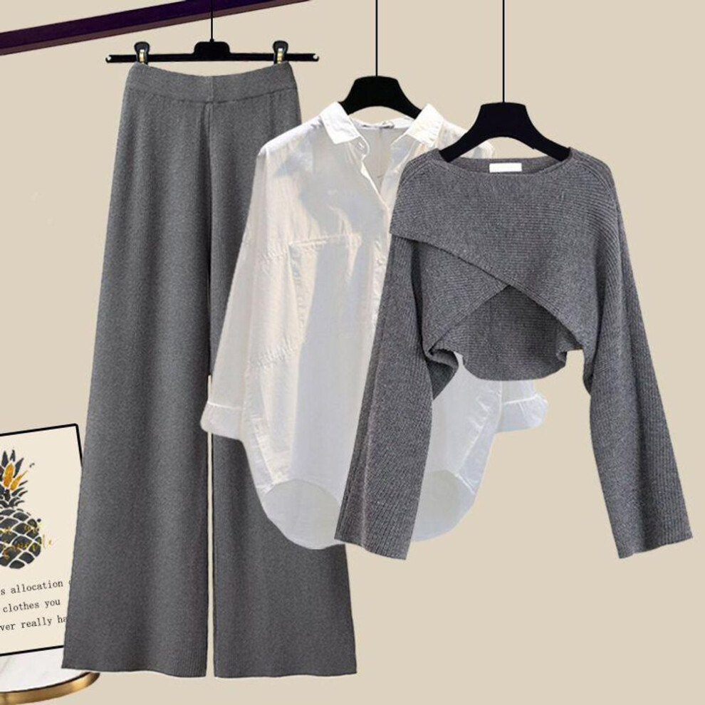 (grey, L) Autumn And Winter Women&apos;s Knitted Sweater Three Piece Pants Loose Blouse Shirt Sweater And High Waist Wide Leg Pants Vintage Casual Three Piece S
