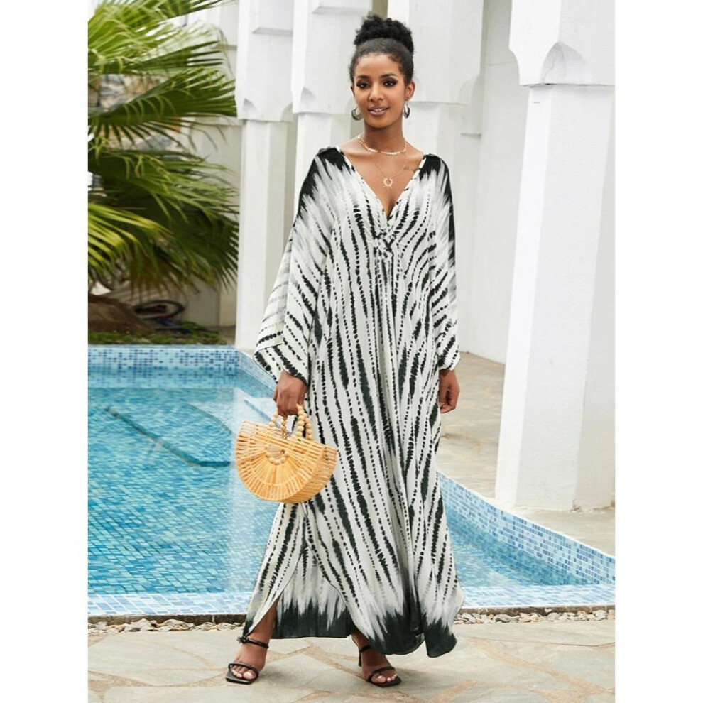 (charcoal, One Size) EDOLYNSA Sexy Zebra Striped Bikini Cover-ups Casual V-neck Side Split Summer Beach Dress Women Beach Wear Swim Suit Cover Up Q1297