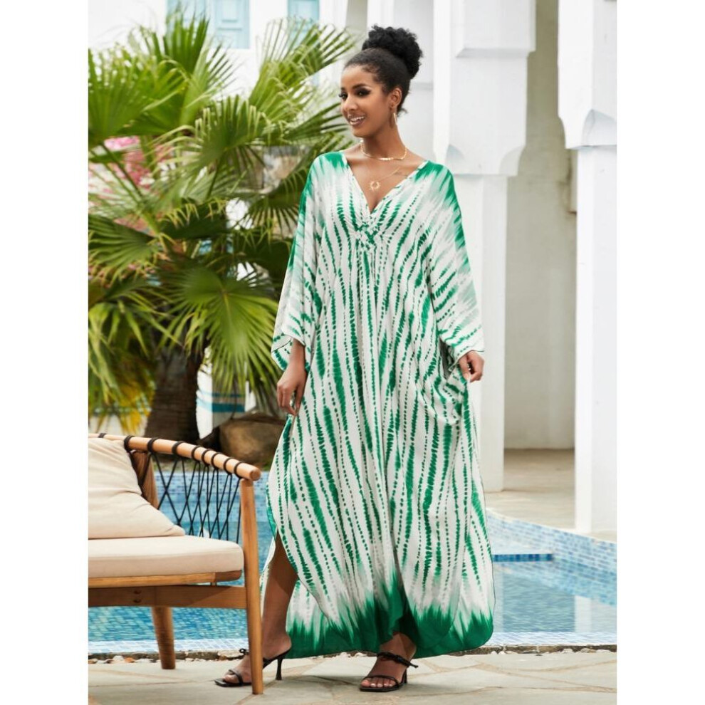 (bottle green, One Size) Edolynsa Sexy Zebra Striped Bikini Cover-ups Casual V-neck Side Split Summer Beach Dress Women Beach Wear Swim Suit Cover Up Q1297