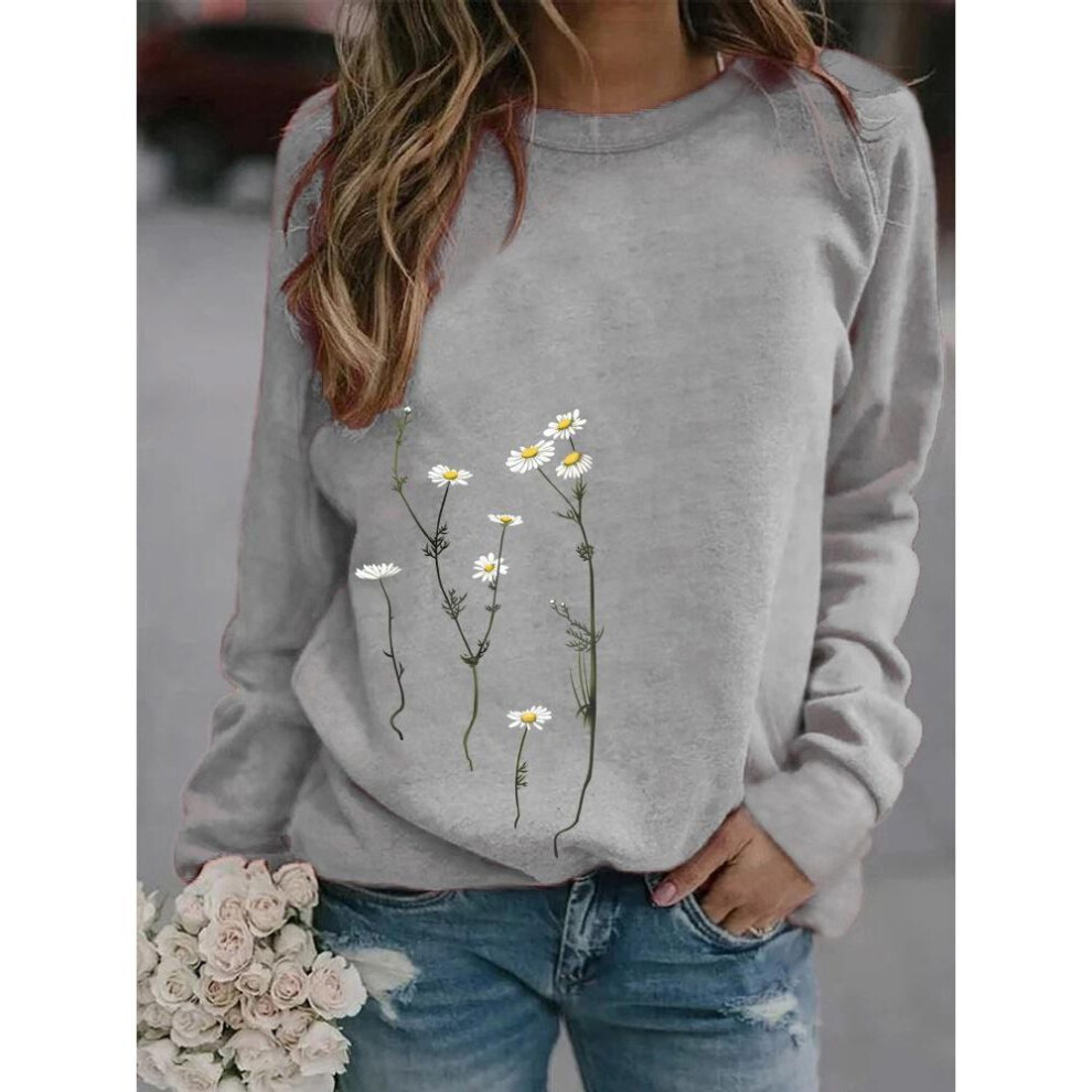 (grey, S) Women Winter Clothing Floral Printed Casual Sweatshirt Long Sleeve Tops T-shirt Ladies Round Neck Pullover Sweater