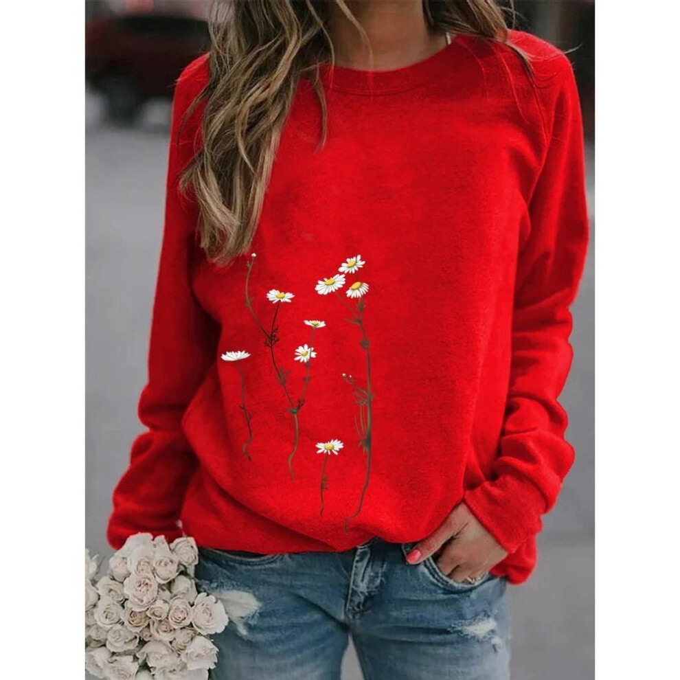 (red, XS) Women Winter Clothing Floral Printed Casual Sweatshirt Long Sleeve Tops T-shirt Ladies Round Neck Pullover Sweater