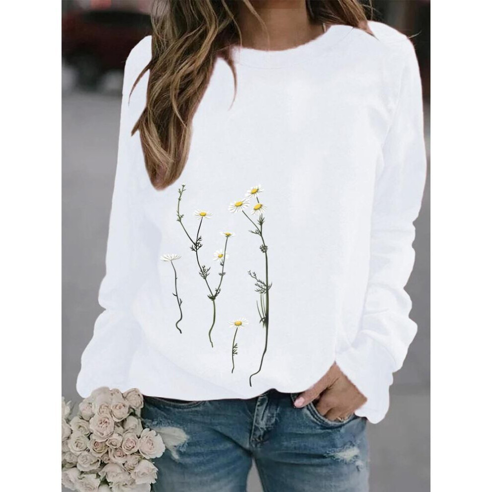 (white, XL) Women Winter Clothing Floral Printed Casual Sweatshirt Long Sleeve Tops T-shirt Ladies Round Neck Pullover Sweater