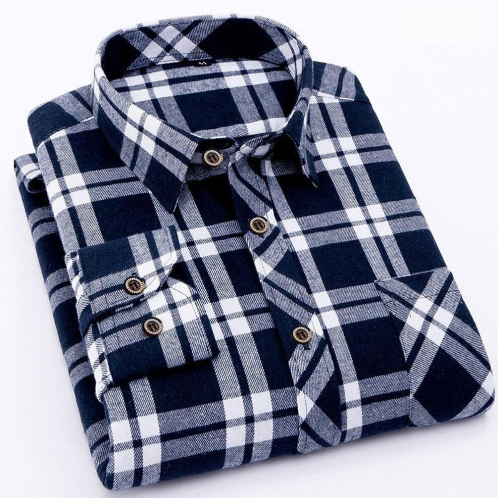 (white,dark blue, L) Men Casual Shirts Long Sleeve Chemise Homme Male Check Shirts Winter Cotton Top Overcoat