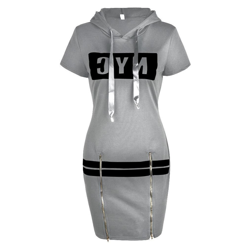 (grey, XL) Women Fashion Letter Pattern Hoodie Casual Short Sleeve Drawstring Zipper Hoody Bodycon Short Dress