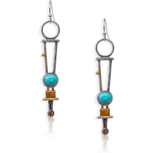 (As show, One size) Handmade Retro Bohemian Geometry Long Earrings circle with triangle Links Turquoise Silver Dangle Drop Earrings for Women Girls Jewellery Gifts