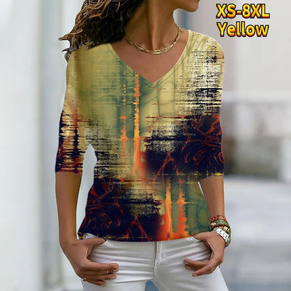 (yellow, M) Women Autumn Floral Colorful Speckle Painting Printed Long Sleeve T-shirts Loose V-neck Plus Size Tee Shirt Tops Comfy Blouse