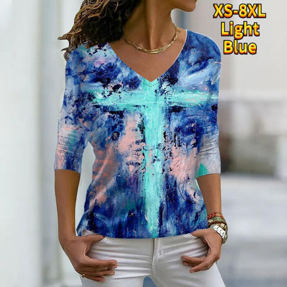 (light blue, 7XL) Women Autumn Floral Colorful Speckle Painting Printed Long Sleeve T-Shirts Loose V-Neck Plus Size Tee Shirt Tops Comfy Blouse