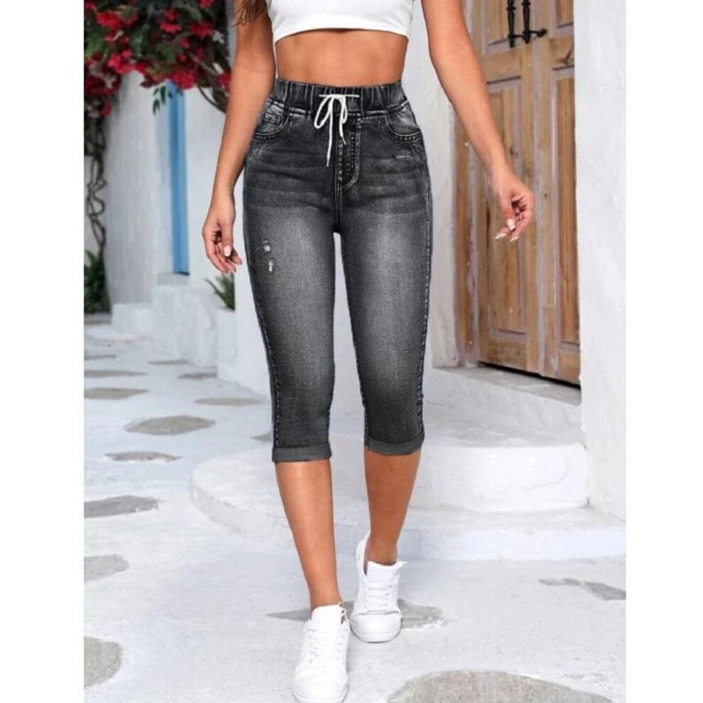 (black, S) Women Denim Jeans Shorts Drawtring High Waist Stretch Knee Length Ripped Hole Short Jean Pants