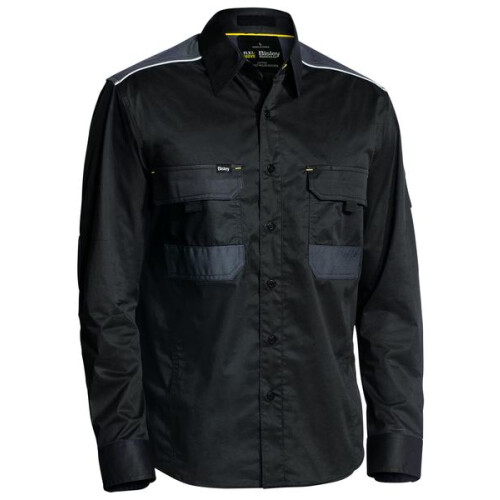 (Black, 5XL) Bisley FLX & MOVE Stretch Work Shirt Durable, Reflective