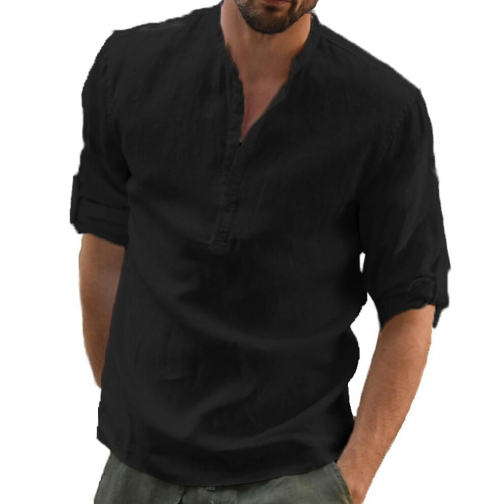 (black, M) New Men's Casual Blouse Cotton Linen Shirt Loose Tops Long Sleeve Tee Shirt Spring Autumn Casual Handsome Men Shirts