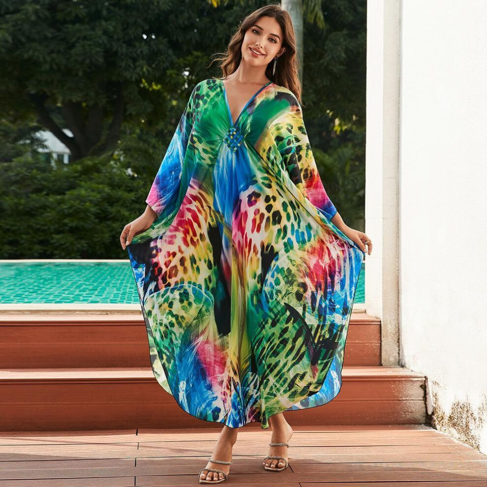 (smoke, One Size) Beach Kaftans for Women Printed Maxi Dresses Cover Ups for Swimwear Summer Vacation Bathing Suits Factory Supply Big Sales
