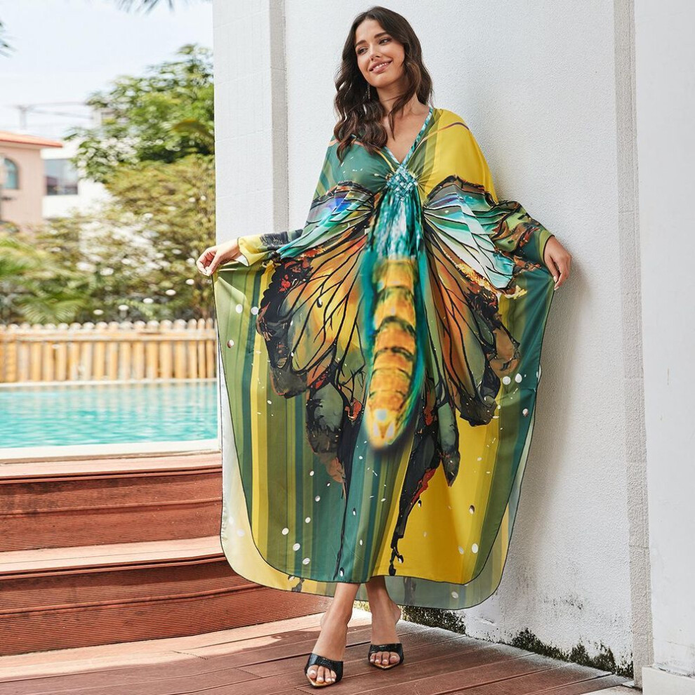 (tan, One Size) Beach Kaftans For Women Printed Maxi Dresses Cover Ups For Swimwear Summer Vacation Bathing Suits Factory Supply Big Sales