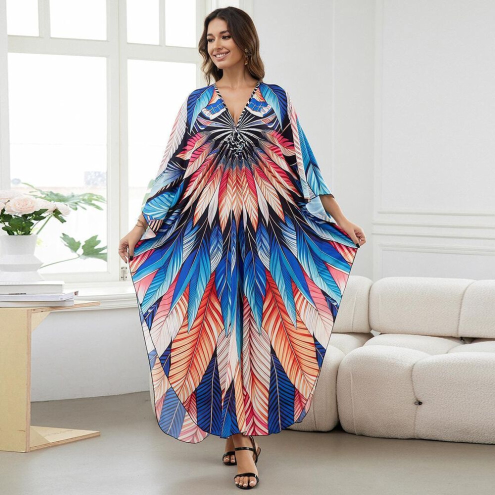 (teal green, One Size) Beach Kaftans For Women Printed Maxi Dresses Cover Ups For Swimwear Summer Vacation Bathing Suits Factory Supply Big Sales