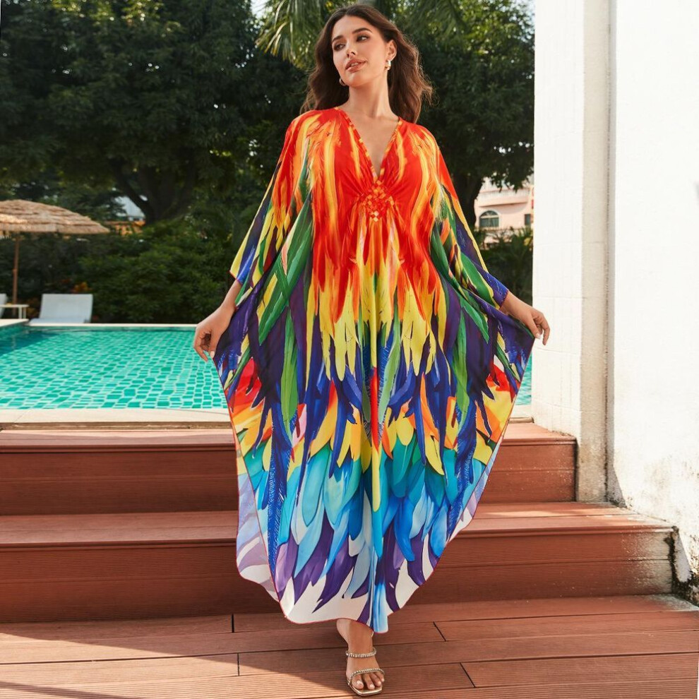 (purple, One Size) Beach Kaftans for Women Printed Maxi Dresses Cover Ups for Swimwear Summer Vacation Bathing Suits Factory Supply Big Sales