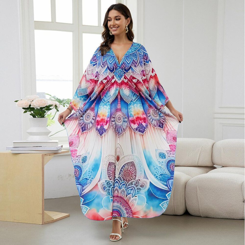 (turquoise, One Size) Beach Kaftans for Women Printed Maxi Dresses Cover Ups for Swimwear Summer Vacation Bathing Suits Factory Supply Big Sales