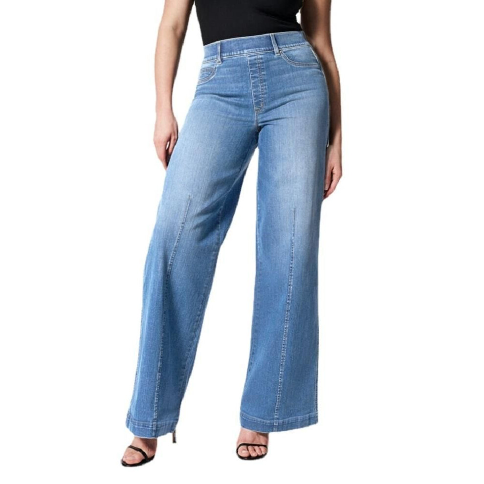 (light blue, XXL) Women Elastic Waist Denim Jeans High Waist Wide Leg Stretch Jean Pants Ladies Casual Long Trousers