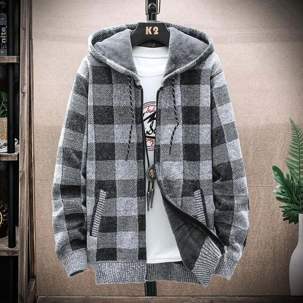 (light grey, L) Men's Winter Plaid Sweater Hooded Cardigan Coat Fleece Warm Knit Jackets