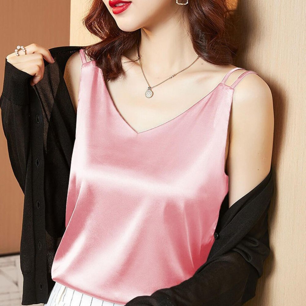 (pink, M) Silk V-Neck Sleeveless Top