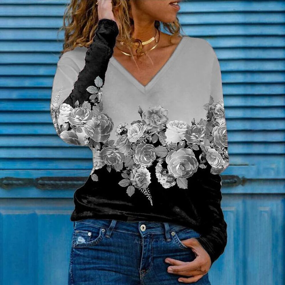 (grey, 6XL) 3D Print Rose Women Tshirts Ladies Tops Long Sleeve V-neck Pullover Femme T-shirts T Shirt For Women