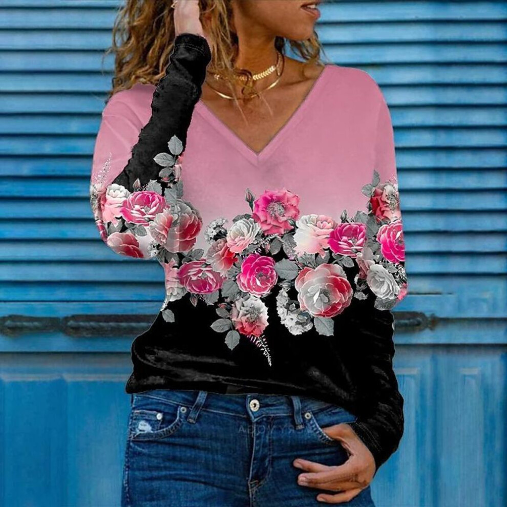 (rose, M) 3D Print Rose Women Tshirts Ladies Tops Long Sleeve V-neck Pullover Femme T-shirts T Shirt For Women