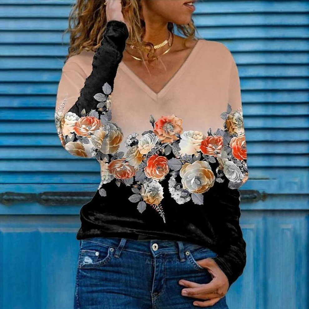(orange, 7XL) 3D Print Rose Women Tshirts Ladies Tops Long Sleeve V-neck Pullover Femme T-shirts T Shirt For Women