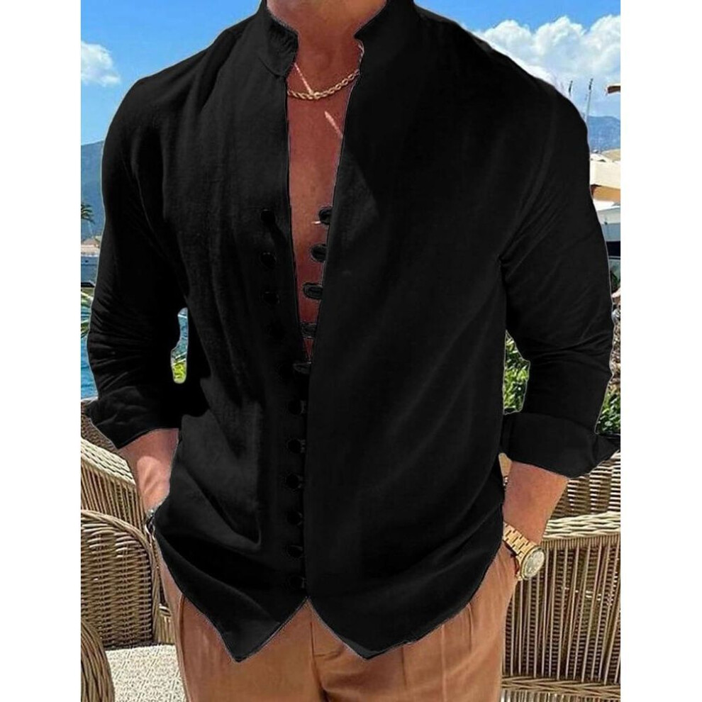(black, US L) New Spring Autumn casual shirt loose Men's Solid Color Long Sleeve Shirt Button Shirts Vintage Big size