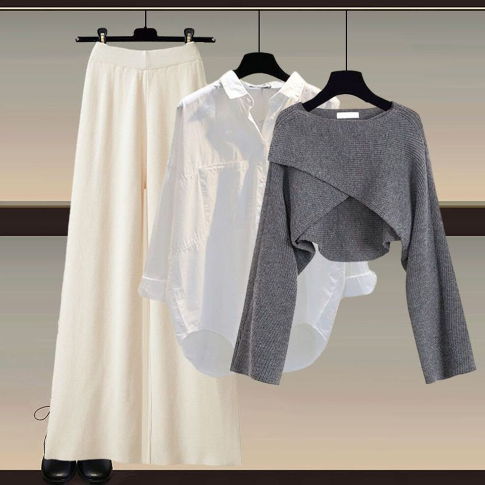 (grey,apricot, XL) Autumn And Winter Women's Knitted Sweater Three Piece Pants Loose Blouse Shirt Sweater And High Waist Wide Leg Pants Vintage Casual Three Piece Set