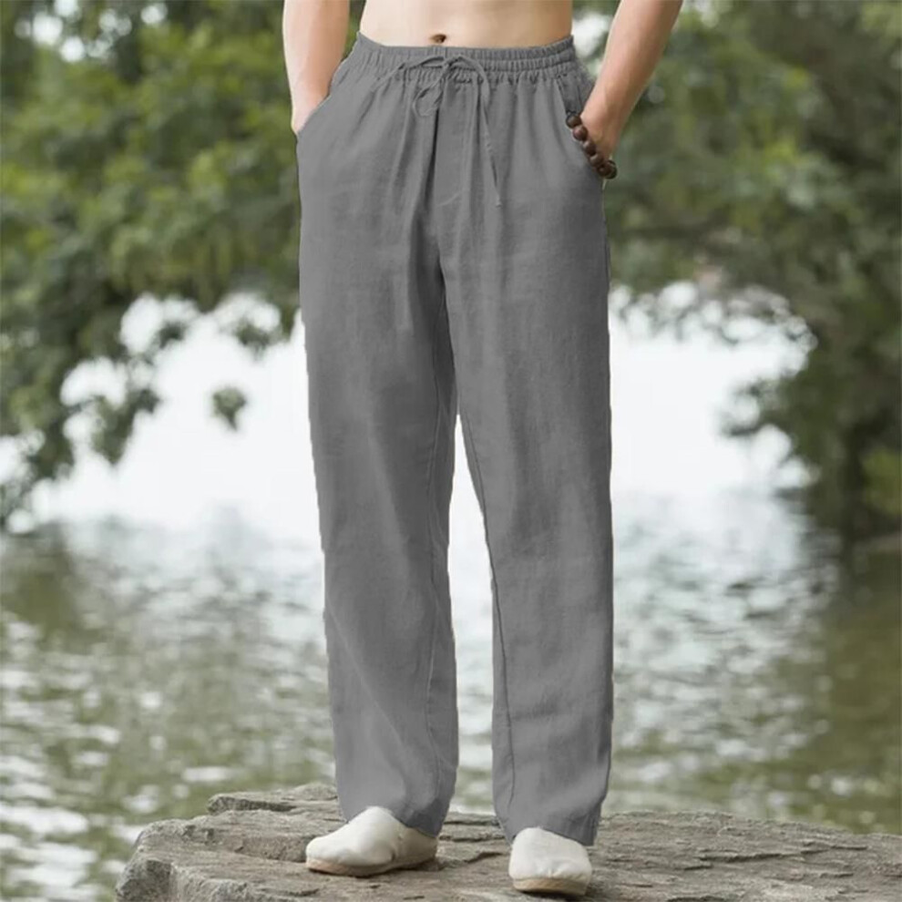 (gray, XL) Men's Cotton Linen Pants Hawaiian Vacation Holiday Beach Trousers Breathable Streetwear Casual Pants Loose Men Bottoms