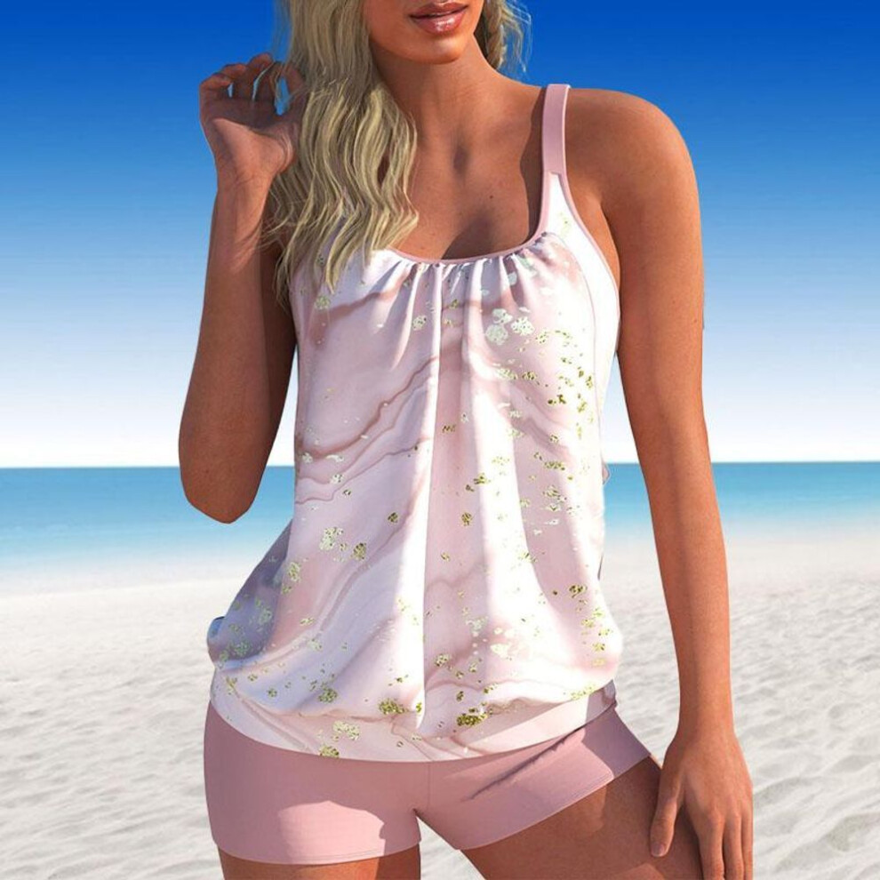 (light pink, L) Women's Swimwear Tankini 2 Piece Swimsuit Dark Blue Granular Stripes Print Vacation Bathing Suits
