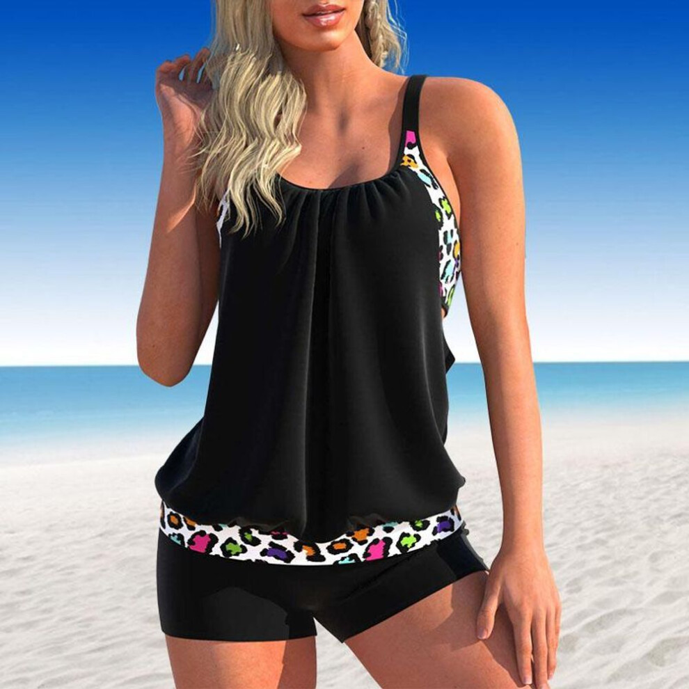 (black, M) Women's Swimwear Tankini 2 Piece Swimsuit Dark Blue Granular Stripes Print Vacation Bathing Suits