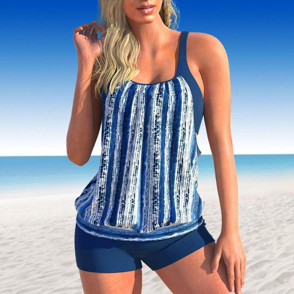 (navy blue, 2XL) Women's Swimwear Tankini 2 Piece Swimsuit Dark Blue Granular Stripes Print Vacation Bathing Suits